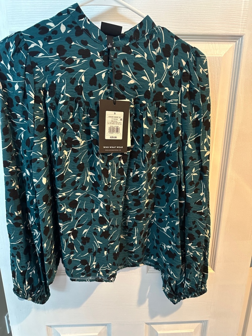 Who What Wear Teal Floral Long Sleeve Blouse